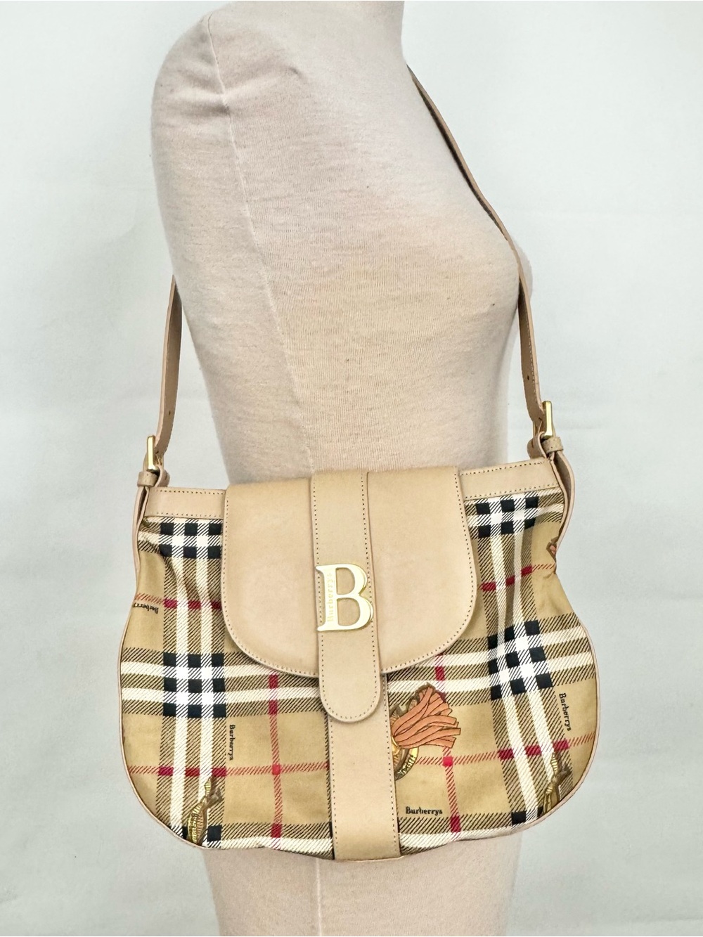 Burberry Nova Beige Plaid Leather-Trim Shoulder Bag “B” embellishment